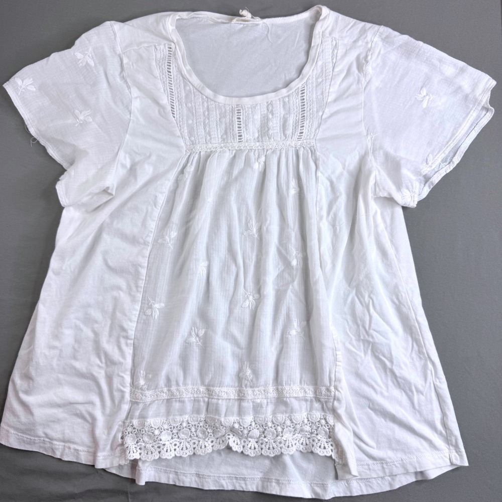 One World White Cotton Embroidered Boho Lace Trim Blouse Petite XL PXL